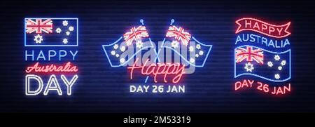 Frohes Australien-Tag-Set mit Neonschildern. Sammlung von Neonbannern, bunten Postkarten, Night Neon Willkommenskarte Happy Australia 26. Januar. Flyer, Beschreibung Stock Vektor