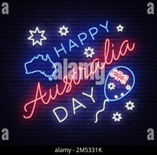 Happy Australia Day Neon-Zeichen-Vektor. Neonbanner, helle Karte, leuchtendes Schild, Nacht Neon Willkommenskarte Happy Australia 26. Januar. Flyer, Design-Templ Stock Vektor