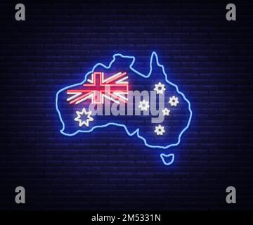 Karte und Flagge Australiens sind ein Neonschild. Vektorabbildungen, Neonbanner, Leuchtende Reklametafeln, Bright Night Advertising. Elementsymbol für den Tag Stock Vektor