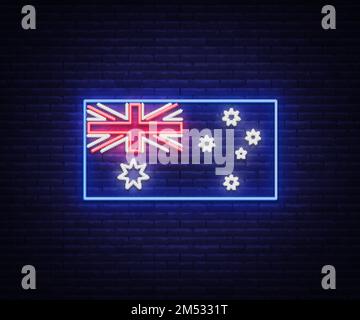 Die Flagge Australiens ist ein Neonschild. Vektorabbildungen, Neonbanner, Leuchtende Reklametafeln, Bright Night Advertising. Elementsymbol für den Tag des Austr Stock Vektor