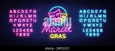 Mardi Grav ist ein Neonzeichen. Leuchtendes Banner, Neon-Plakat, Neon-Werbung für Karneval. Fat Tuesday Design-Vorlage, Grußkarte, Flyer. Vec Stock Vektor