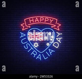 26. Januar am Australientag. Neonschild, leuchtendes Banner, helle Nachtwerbung, Neon-Plakatwand. Nationale konzeptionelle Grußkarte, Poster oder niedrig- Stock Vektor