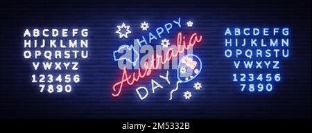 Happy Australia Day (alles gute zum Australientag) am 26. Januar mit festlichem Hintergrund und Flagge im Neonstil. Neonschild. Layout der Vorlage für Karte, Banner, Poster, Flyer, Karte. Stock Vektor