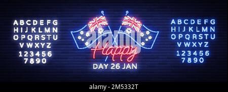 Happy Australia Day Neon-Zeichen-Vektor. Neonbanner, helle Karte, leuchtendes Schild, Nacht Neon Willkommenskarte Happy Australia 26. Januar. Flyer, Design-Templ Stock Vektor
