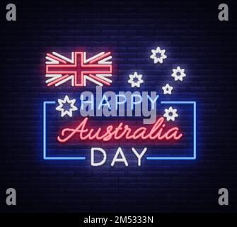 Happy Australia Day (alles gute zum Australientag) am 26. Januar mit festlichem Hintergrund und Flagge im Neonstil. Neonschild, Band mit Nationalfarben. Layout der Vorlage für die Karte, Stock Vektor
