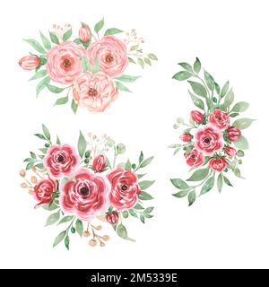 Aquarell Burgunderblüten Blumenstrauß Set, Sommerblumen Illustration, pinkfarbene Blumenarrangements, grüne Klippen, Hochzeitsblumen. Stockfoto