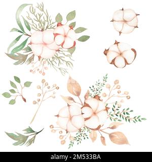 Aquarelle Baumwollsträuße Illustration, Sommer beige Blumenarrangements, grüne Klippen, Hochzeitsblumen. Stockfoto