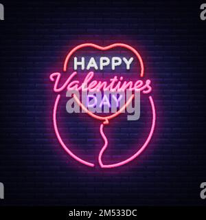 Happy Valentine's Day ist ein Neonschild. Helles Banner, Neon-Plakat, lebhafte Werbung, Broschüre. Entwerfen Sie eine Vorlage für Begrüßungen, Werbung, Stock Vektor