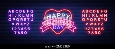 Happy Valentine's Day ist ein Neonschild. Helles Banner, Neon-Plakat, lebhafte Werbung, Broschüre. Entwerfen Sie eine Vorlage für Begrüßungen, Werbung, Stock Vektor