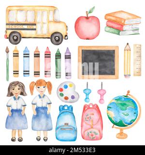 Back to School Set Clipart, Watercolor Schulbus, Lehrer, Mädchen, Bücher, Schulbedarf, Zeichenstifte, Schreibwaren, Bildung, Globe, Kinderkunst Stockfoto