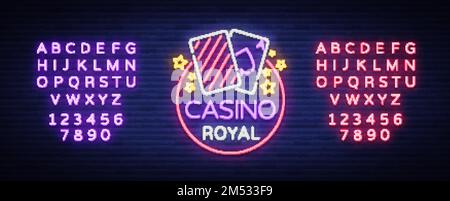 Casino Royal Neon Schild. Neon-Logo, Glücksspiel-Emblem, Banner, Neon-Casino-Werbung für Ihre Projekte. Nachtlicht-Reklametafel, Designelement. V Stock Vektor