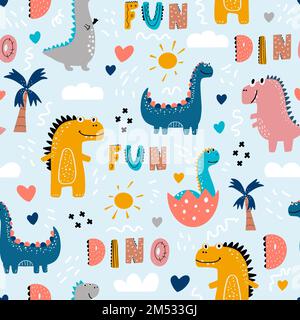 Babymuster mit Dinosauriern. Von Hand gezeichnetes, farbiges, sich wiederholendes Muster mit süßen Dinosauriern und Buchstaben im skandinavischen Stil Stock Vektor