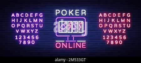 Online-Poker ist ein Neonschild. Logo-Symbol im Neonstil svityaschyysya Banner Plakatabend, heller Neon Poker, Spielkasino. Spielen Sie Geld Stock Vektor