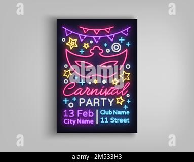 Designvorlage für Karnevalsparty, Broschüre, Poster in Neon-Stil. Leuchtende Einladung zur Karnevalsparty, Maskerade. Neonschild, Neonbanner, Stock Vektor