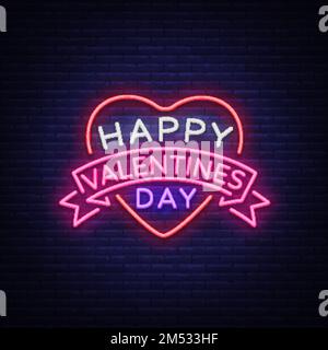 Happy Valentine's Day ist ein Neonschild. Helles Banner, Neon-Plakat, lebhafte Werbung, Broschüre. Entwerfen Sie eine Vorlage für Begrüßungen, Werbung, Stock Vektor