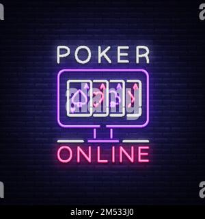 Online-Poker ist ein Neonschild. Logo-Symbol im Neonstil svityaschyysya Banner Plakatabend, Bright Neon Poker, Spielkasino für Ihren Proje Stock Vektor
