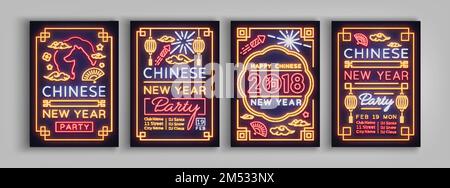 Chinesisches 2018-Party-Poster-Set. Sammlung Neonschilder, leuchtendes Poster, leuchtendes Banner, Nacht Neonschild, Einladung, Postkarte. Eine Partei Inv. Entwerfen Stock Vektor