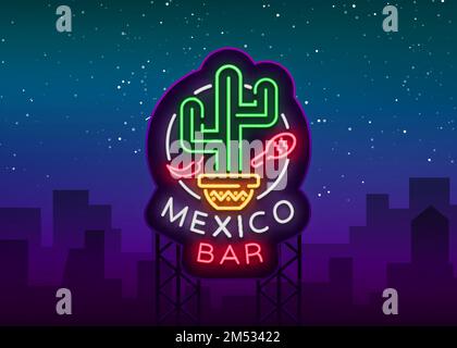Die mexikanische Bar ist ein Logo im Neonstil. Neonschild, Designvorlage für mexikanisches Essen. Leuchtendes Banner, Nachtleben-Werbung, Neon-Plakatwand. Vektor i Stock Vektor