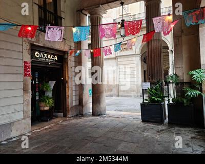 Oaxaca Restaurant. Porxos d'en Guifré, Pla de Palau, Barcelona, Katalonien, Spanien. Stockfoto