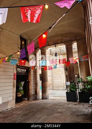 Oaxaca Restaurant. Porxos d'en Guifré, Pla de Palau, Barcelona, Katalonien, Spanien. Stockfoto