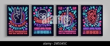 Rock Festival Poster im Neon-Stil. Neonschild der Kollektion, eine Einladung zur Konzertbroschüre über Rokrol-Musik, leuchtendes Banner, Flyer für fez Stock Vektor