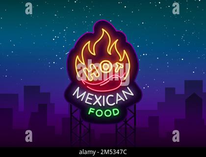 Mexikanisches Logo für warme Speisen im Neonstil. Neonschild, Designvorlage für mexikanisches Restaurant, Café, Bar. Leuchtendes Banner, Nachtleben-Werbung, Neo Stock Vektor