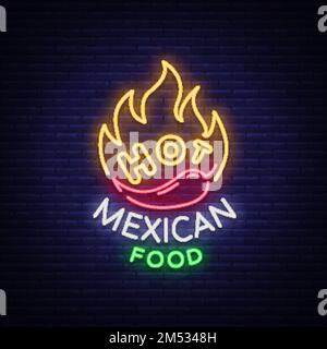 Mexikanisches Logo für warme Speisen im Neonstil. Neonschild, Designvorlage für mexikanisches Restaurant, Café, Bar. Leuchtendes Banner, Nachtleben-Werbung, Neo Stock Vektor