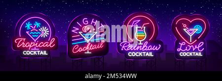 Logos der Cocktailkollektion im Neon-Stil. Sammlung von Neonschildern, Designvorlage zum Thema Getränke, alkoholische Getränke. Brillante Werbung für Stock Vektor