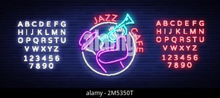 Jazz Cafe Logo im Neon-Stil. Neonzeichen, Emblem, Lichtbanner, leuchtendes Schild. Bright Neon Werbung für Jazz Club, Cafe, Restaurant, Bar, Par Stock Vektor