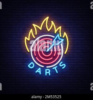 Darts-Logo im Neon-Stil. Neonschild, Bright Night Advertising, Light Banner. VECTON-Illustration. Stock Vektor