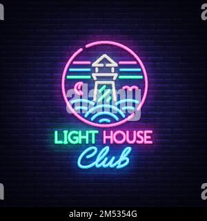 Nachtklub Lighthouse Neon Schild. Leuchtturm-Logo im Neon-Stil, Symbol, Designvorlage für Nachtclub, Nachtparty-Werbung, Diskotheken, Feiern. Stock Vektor