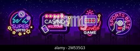 Casino-Kollektion von Neonschildern. Designvorlage im Neon-Stil. Spielautomaten, Poker Online Bright Logo-Figur, Jackpot Gewinnen, Webbanner, Nightl Stock Vektor
