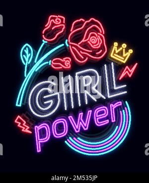 Rock Print und Slogan Vektor. Girl Power für T-Shirts oder andere Zwecke. Symbol für Feminismus für Neondruck. Neonschild Retro-Style. Frauen Stock Vektor