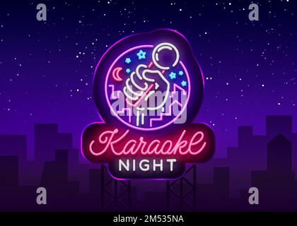 Karaoke-Nachtvektor. Neonschild, leuchtendes Logo, Symbol, Lichtbanner. Es gibt eine helle Karaoke-Bar, Party, Disco-Bar, Nachtclub. Live-Musik. Stock Vektor