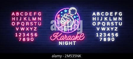 Karaoke-Nachtvektor. Neonschild, leuchtendes Logo, Symbol, Lichtbanner. Es gibt eine helle Karaoke-Bar, Party, Disco-Bar, Nachtclub. Live-Musik. Stock Vektor