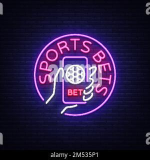 Sportwetten sind ein Neonschild. Designvorlage, Neon-Logo, helles Banner, Nachtwerbung für Ihre Projekte, Smartphone in der Hand, online b Stock Vektor