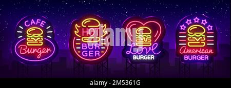 Burger Cafe mit Neonschildern. Fastfood Burger Sandwich-Kollektion Logos im Neonstil, Banner, Designvorlage, Nachtwerbung für Restaurants, Resturur Stock Vektor