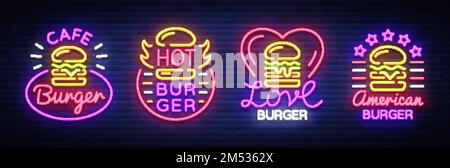 Burger Cafe mit Neonschildern. Fastfood Burger Sandwich-Kollektion Logos im Neonstil, Banner, Designvorlage, Nachtwerbung für Restaurants, Resturur Stock Vektor