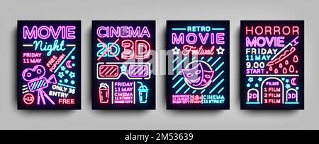 Movies 3D Kollektion – Designvorlagen für Poster im Neonstil. Neonschild, helles Banner, helles Flyer, Design-Typografie-Postkarte, Broschüre, Advertis Stock Vektor