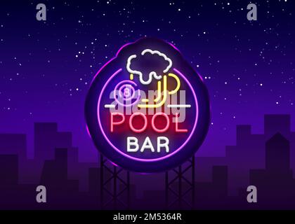 Logo der Poolbar im Neon-Stil. Neonschilder-Design-Vorlage für Billardbar, Club, Bier- und Billardbanner, Nachtneon-Werbung, Design-Elefanten Stock Vektor