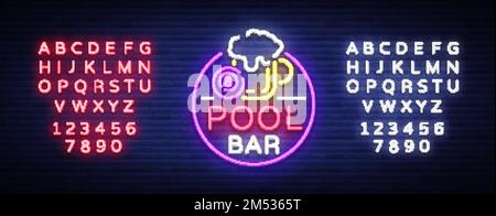 Logo der Poolbar im Neon-Stil. Neonschilder-Design-Vorlage für Billardbar, Club, Bier- und Billardbanner, Nachtneon-Werbung, Design-Elefanten Stock Vektor