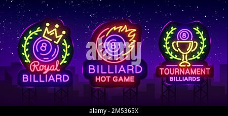 Billard-Kollektion mit Neon-Logos. Neonschilder Set Design Vorlage für Billardbar, Club, Bier und Billard, Royal, Light Banner, Nacht Neon A Stock Vektor