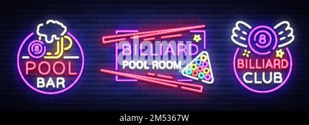 Billard mit Neonschildern. Collection Design Muster leuchtendes Neon-Emblem, Logo für Billiard Club, Bar, Turnier. Helles Banner, Nachtschild für Sie Stock Vektor