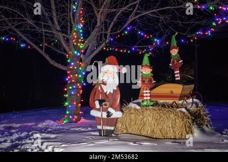 Festliche bunte Weihnachtslichter auf einem Baum mit dem weihnachtsmann und seinem Schlitten und zwei Elfen auf einem Heuballen in einer Winternacht in Taylors Falls, Minnesota. USA. Stockfoto