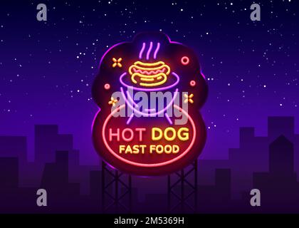 Hot Dog Neon-Zeichen-Vektor. Hotdog-Logo in Neon-Designvorlage, Night Neon-Emblem, helles Banner, helles Schild, Light-Night-Werbung für fa Stock Vektor