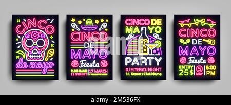 Poster der Cinco de Mayo Kollektion im Neon-Stil. Set Design Templates Flyer Einladung zur Sinco de Mayo Feier, Broschüre Neon, Light Banner, Typ Stock Vektor