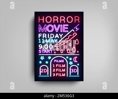 Horrorfilm Postkartentypografie Design Neon Vorlage. Broschüre im Stil Neon, Neonschild, buntes Poster, Bannerlicht, nächtliche helle Werbung auf m Stock Vektor
