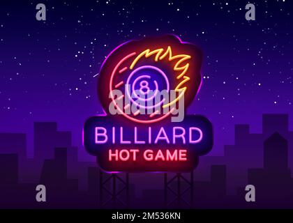 Billard Neonschild. Billard Hot Game Logo im Neon-Stil, helles Banner, Designvorlage Emblem Nachtbillard, helle Nachtleben Werbung, Design Stock Vektor