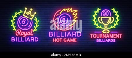 Billard-Kollektion mit Neon-Logos. Neonschilder Set Design Vorlage für Billardbar, Club, Bier und Billard, Royal, Light Banner, Nacht Neon A Stock Vektor