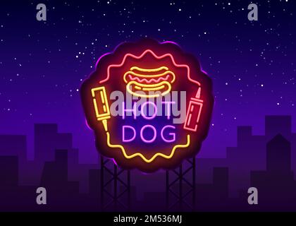 Hot Dog Neon-Zeichen-Vektor. Hotdog-Logo in Neon-Designvorlage, Night Neon-Emblem, helles Banner, helles Schild, leichte Werbung für fast foo Stock Vektor